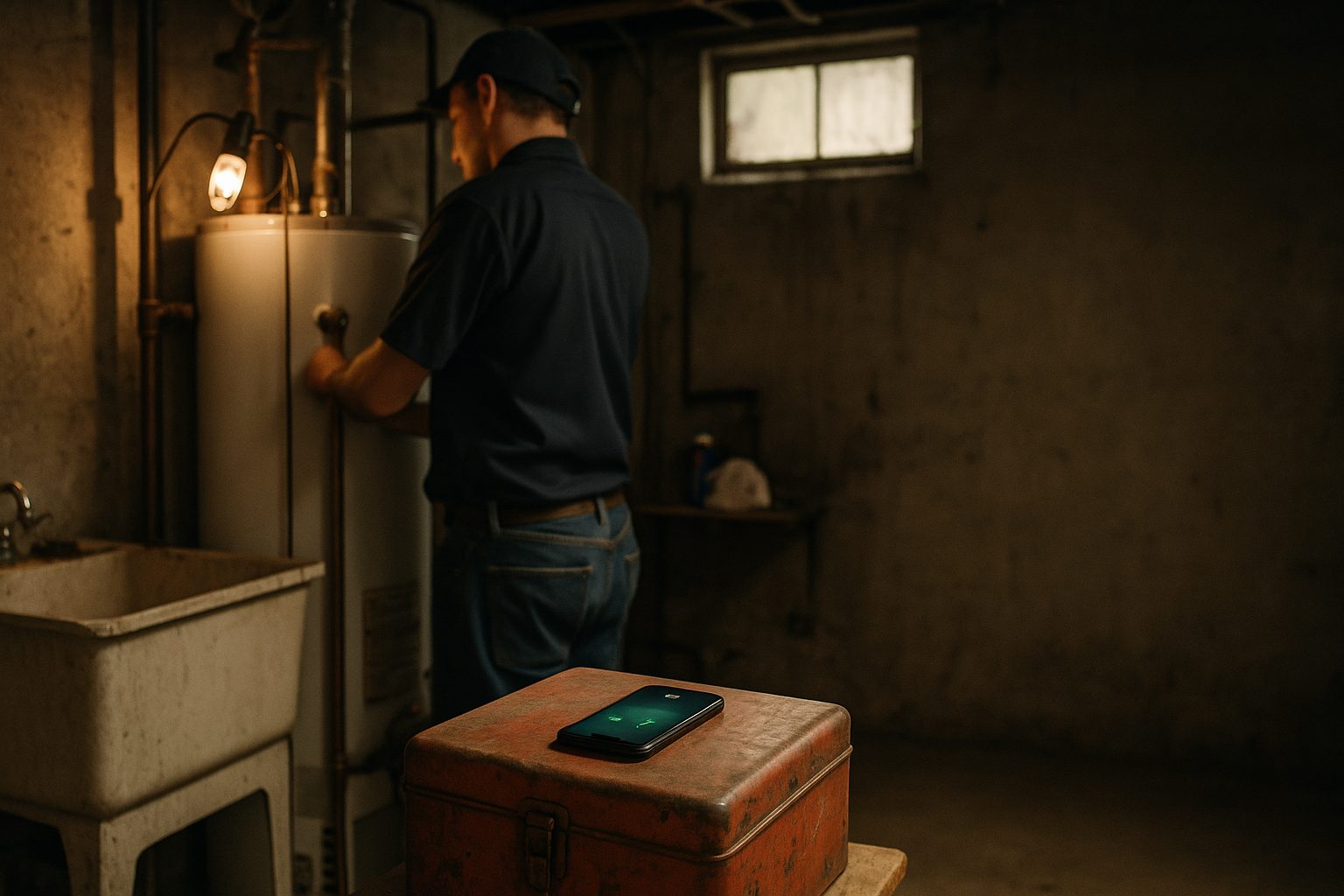 A plumber working at a basement water heater while a phone lights up on a toolbox