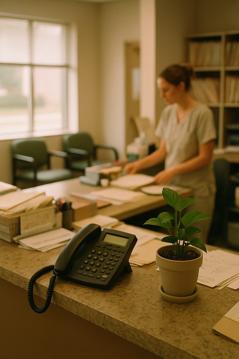 A small clinic front desk in morning light
