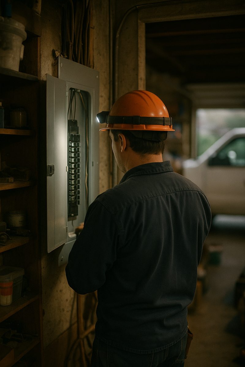 An electrician at an open breaker panel