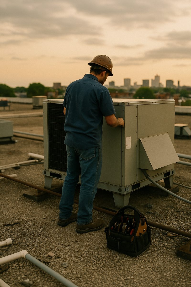 An HVAC technician beside a rooftop unit