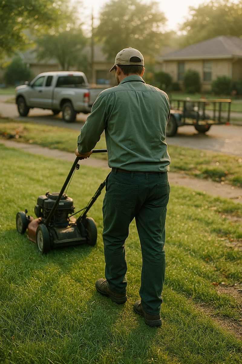 A landscaper mowing a front lawn at sunrise