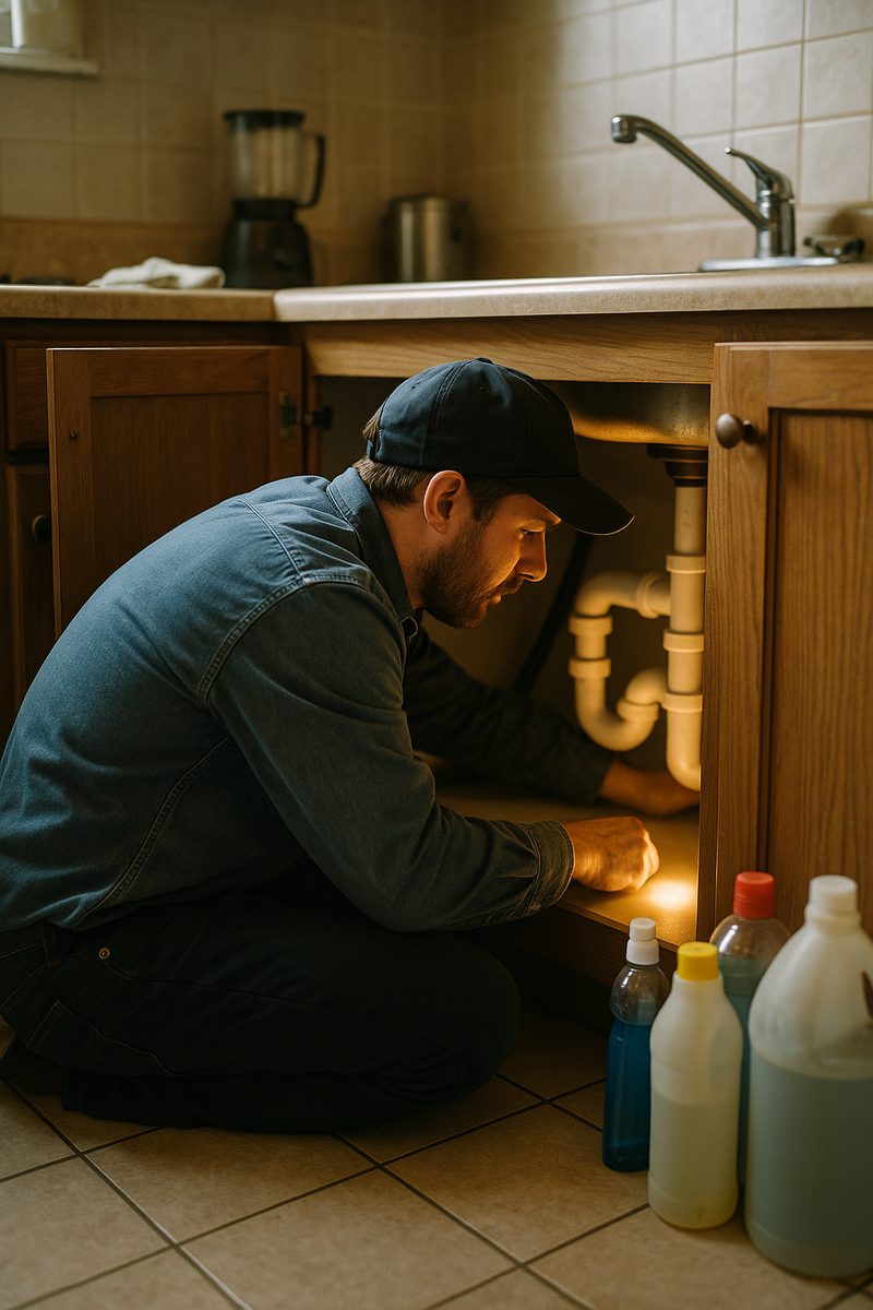A plumber working under a kitchen sink