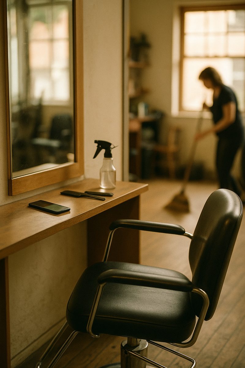 An empty salon chair with a stylist sweeping in the background